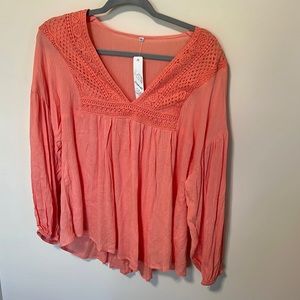 Gaovot Women’s Coral Rayon V-Neck Blouse / Size XL / Lace / Brand NWT